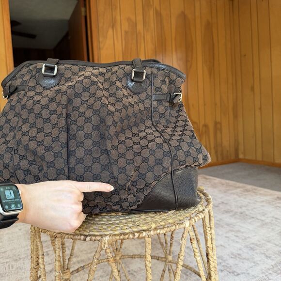 GUCCI GG Nylon Full Moon Tote Bag Brown Leather Canvas Large Monogrammed Print - Picture 11 of 16